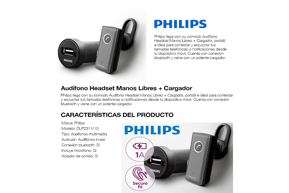 Philips - Combo Cargador Auto y Handsfree Bluetooth